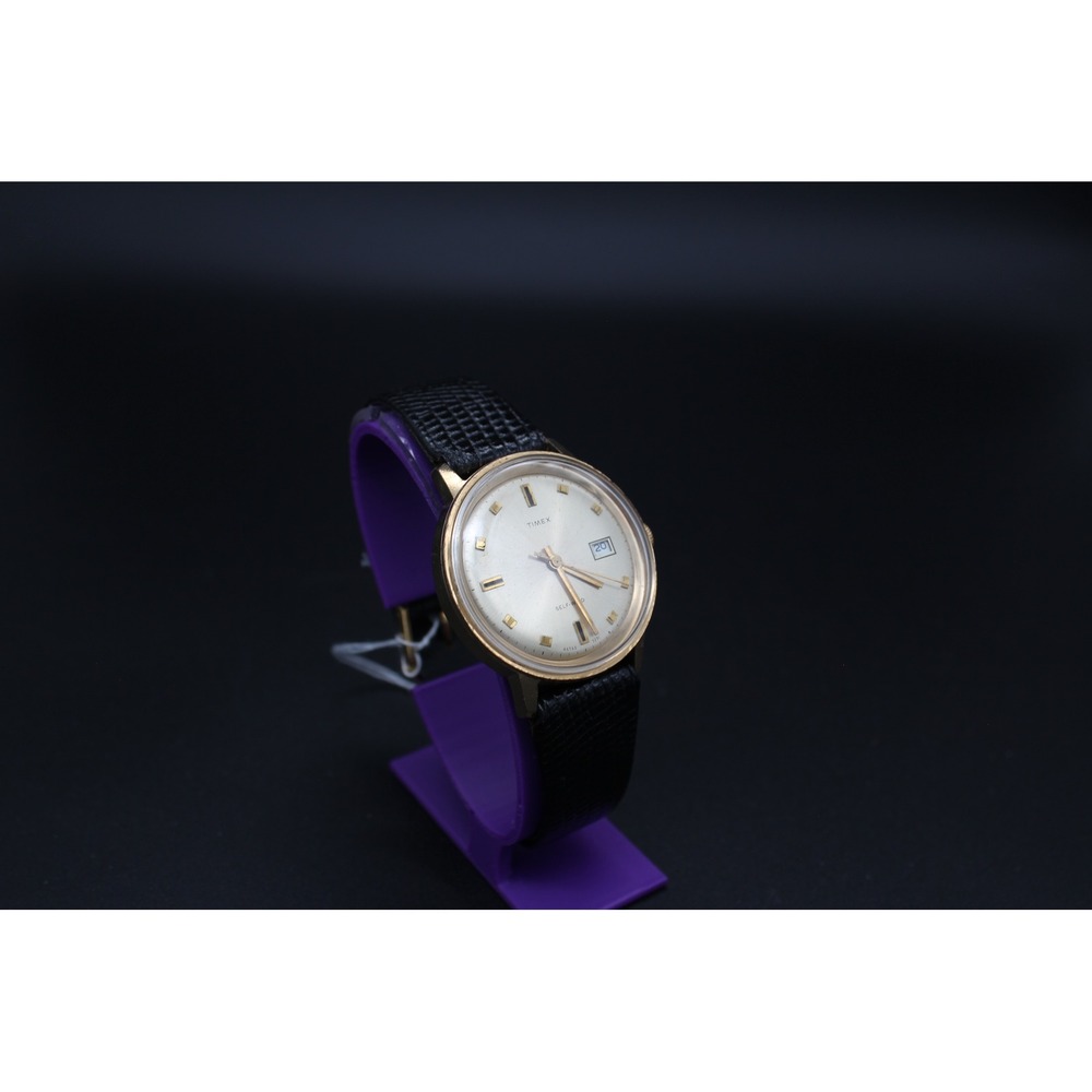 Vintage Timex Self-Wind Automatic Date Watch Gold Tone Silver Dial Classic Dress